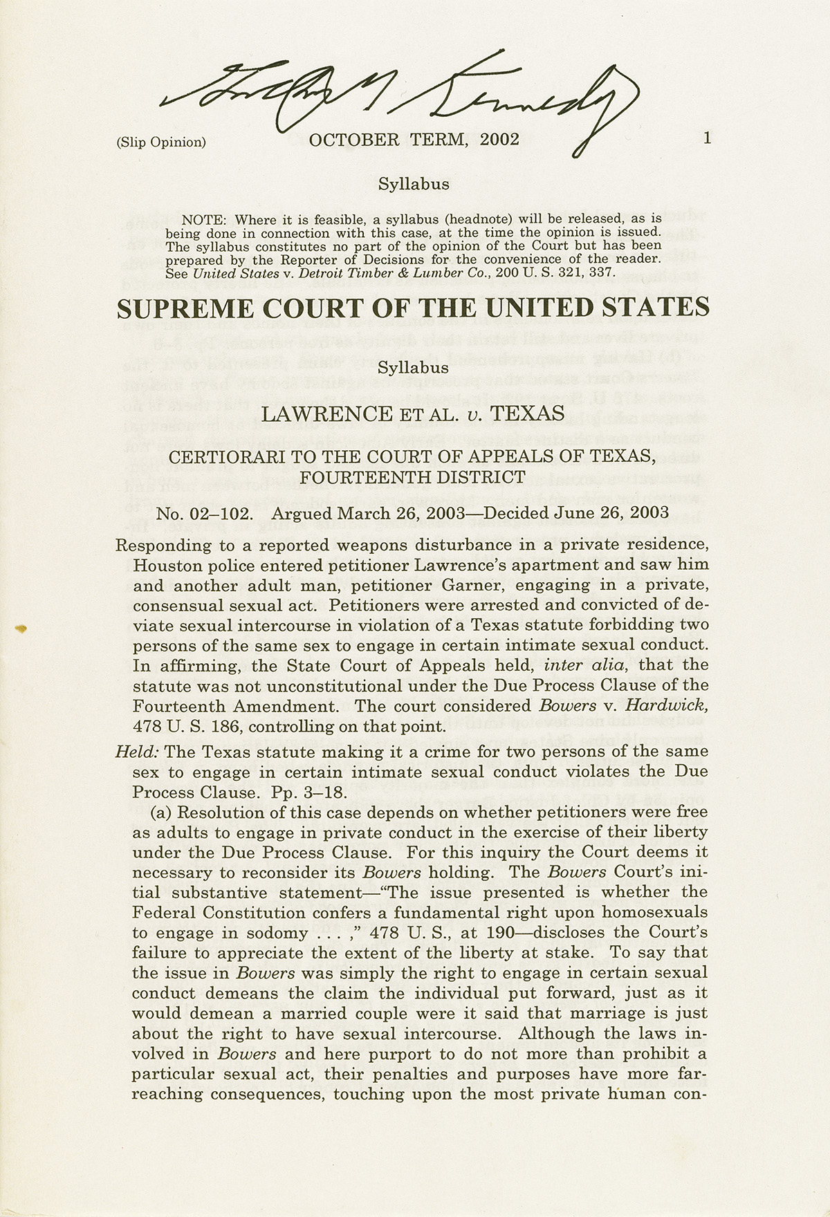 SUPREME COURT OF THE UNITED STATES; Anthony Kennedy.  Lawrence et al v. Texas. Slip opinion.